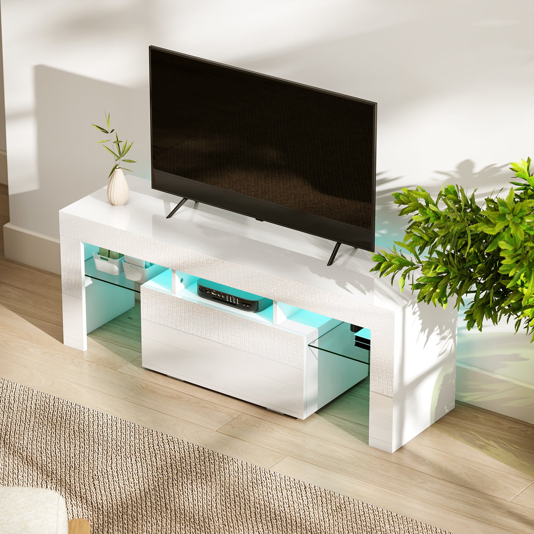 Meuble TV, meuble télé avec éclairage LED RGB, haute brillance, étagères en verre trempé, 120x34x45cm, blanc
