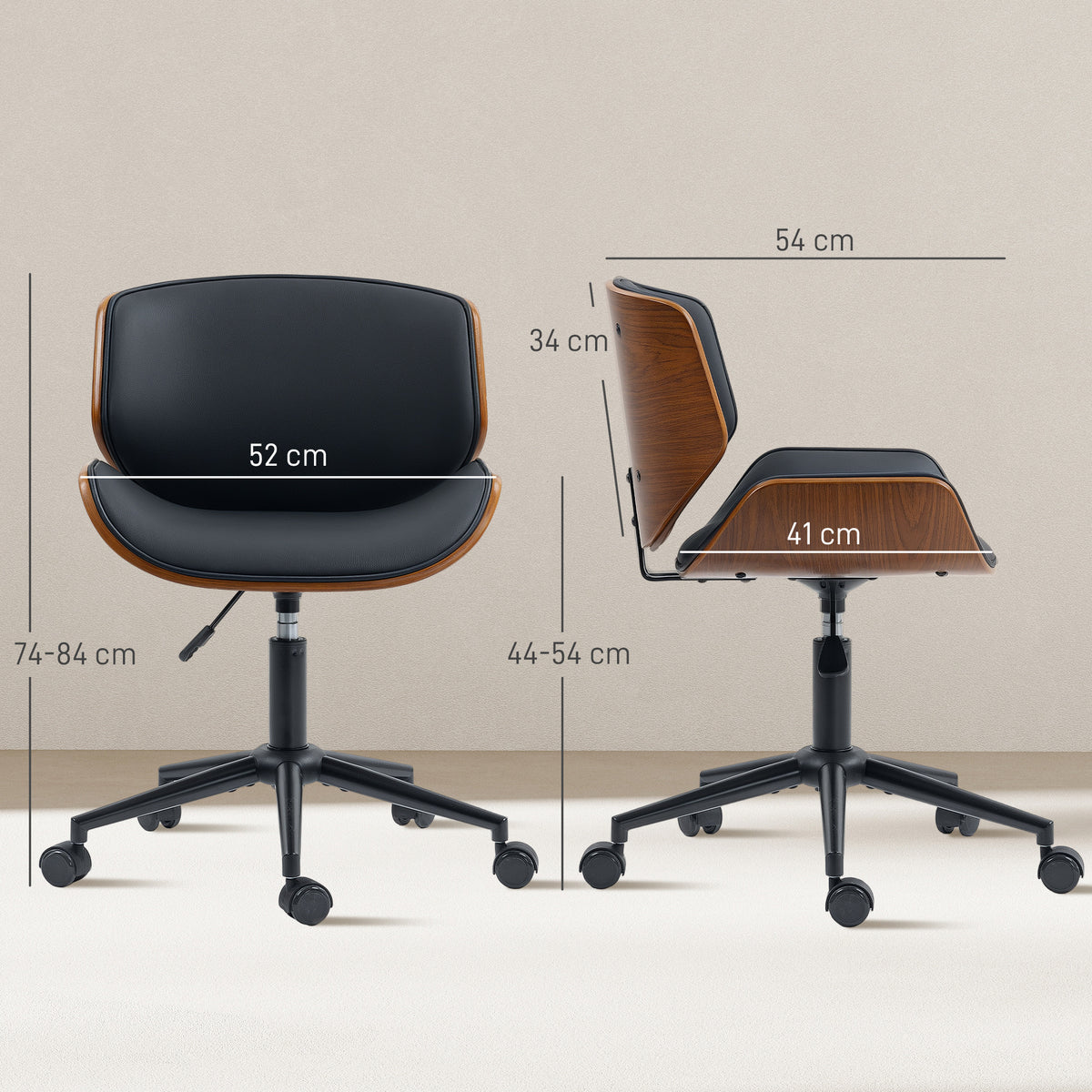 Chaise de bureau sans accoudoirs, fauteuil de bureau ergonomique, hauteur réglable et pivotant 360°, 52x54x84cm, noir