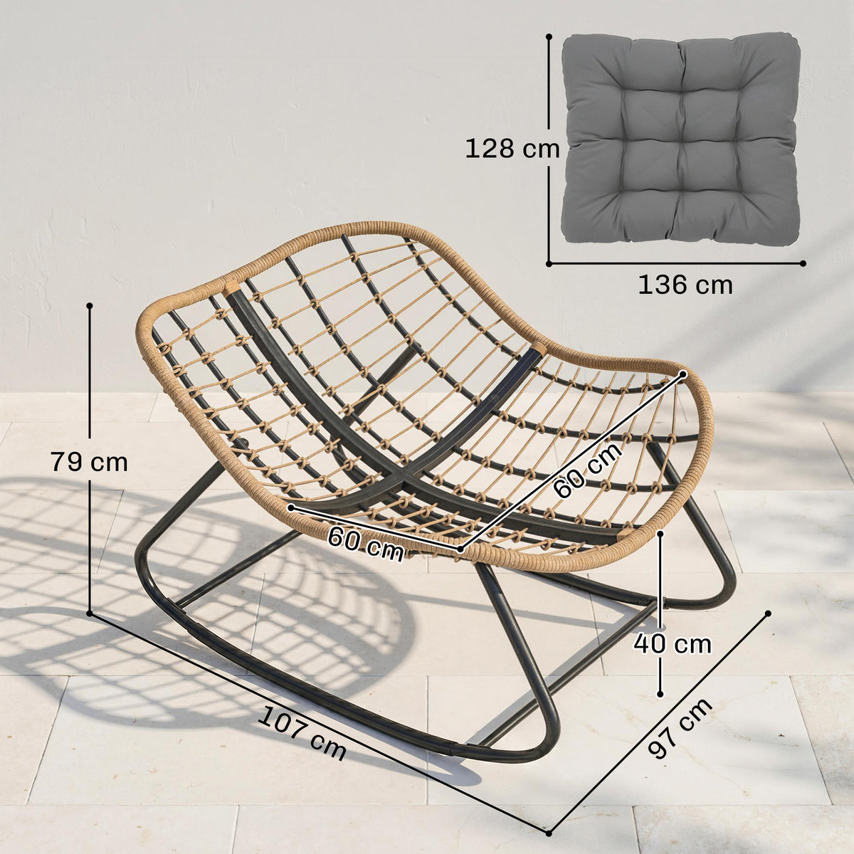 Fauteuil à Bascule Papasan Intérieur Extérieur, Chaise Ovale à Bascule Rembourrée pour Jardin, Patio, Gris