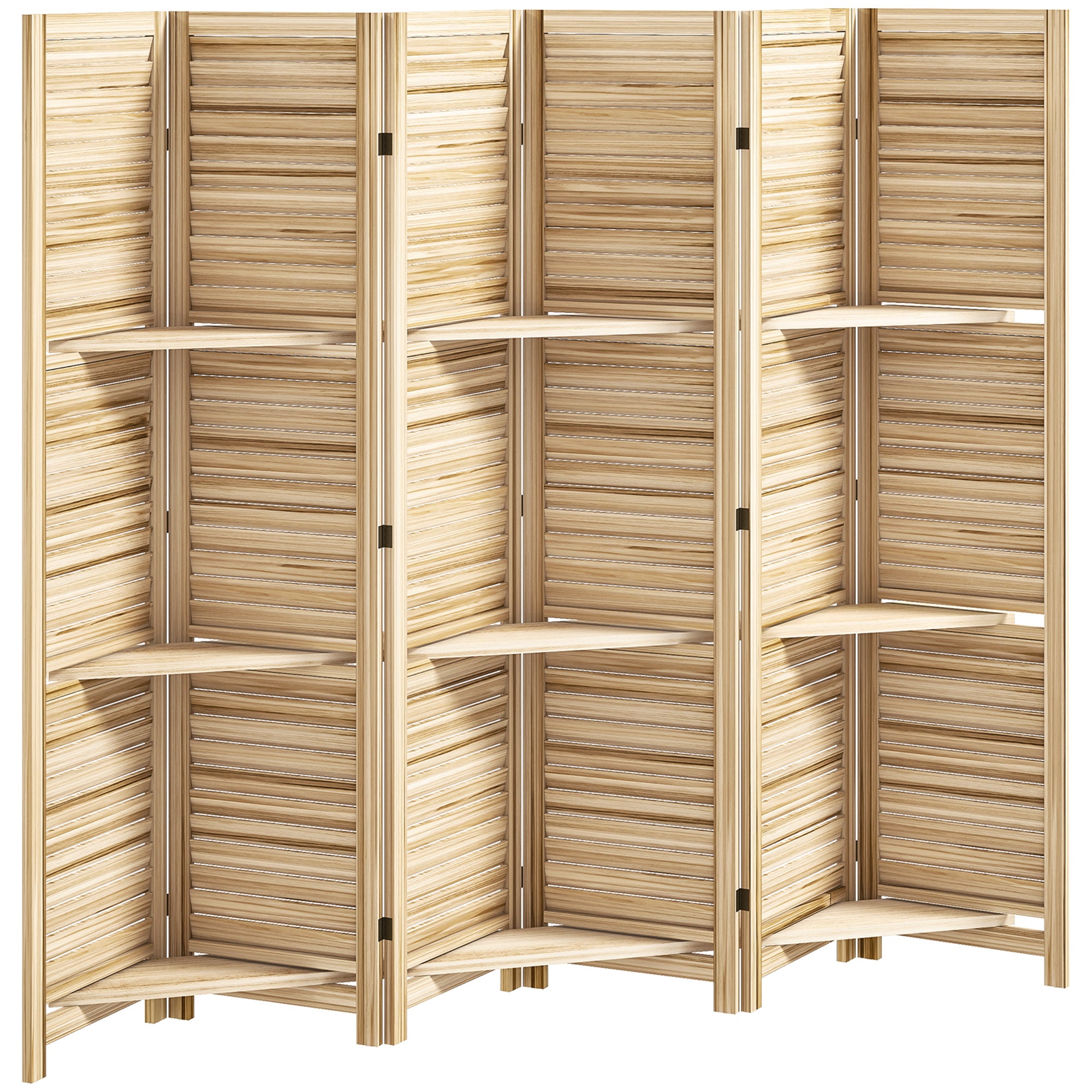 Paravent intérieur en bois 4 panneaux 160 x 170 cm, séparateur de pièce pliable 3 étagères, bois naturel effet brûlé