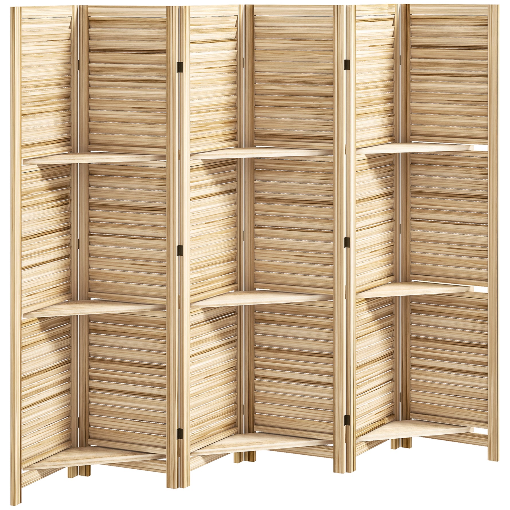 Paravent intérieur en bois 4 panneaux 160 x 170 cm, séparateur de pièce pliable 3 étagères, bois naturel effet brûlé