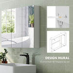Armadietto a muro per bagno con specchio, mobiletto da bagno a 3 ante a specchio, ripiani regolabili, 91,5x11,5x65cm, bianco