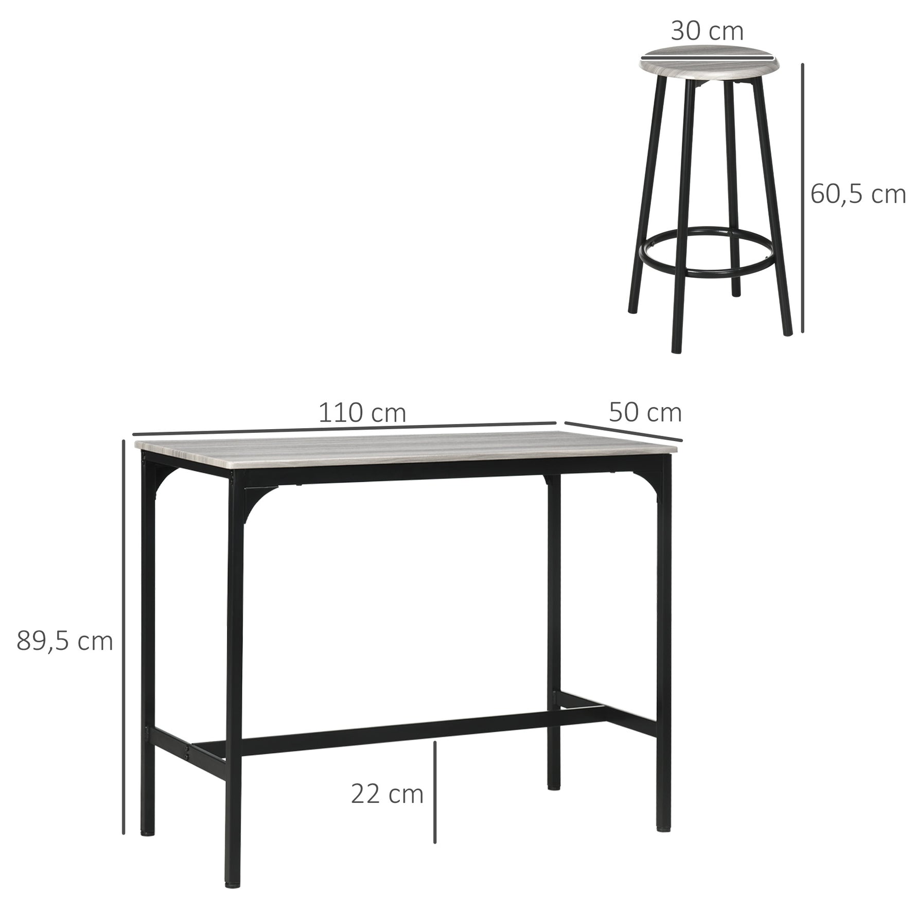 Ensemble table haute et 4 tabourets avec Repose-Pieds, métal noir et aspect bois pour cuisine salle à manger