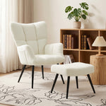 Fauteuil de Salon avec Repose-Pied, Fauteuil d'Appoint Capitonné en Peluche Teddy, Dossier Haut, Poches Latérales, Beige
