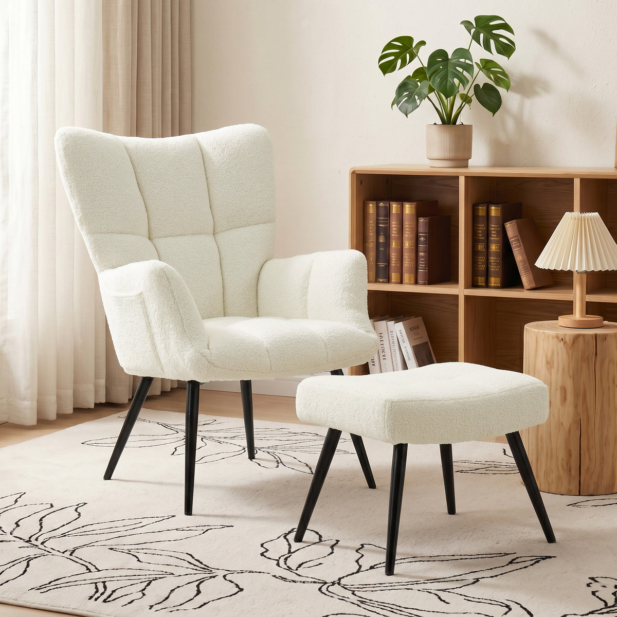 Fauteuil de Salon avec Repose-Pied, Fauteuil d'Appoint Capitonné en Peluche Teddy, Dossier Haut, Poches Latérales, Beige