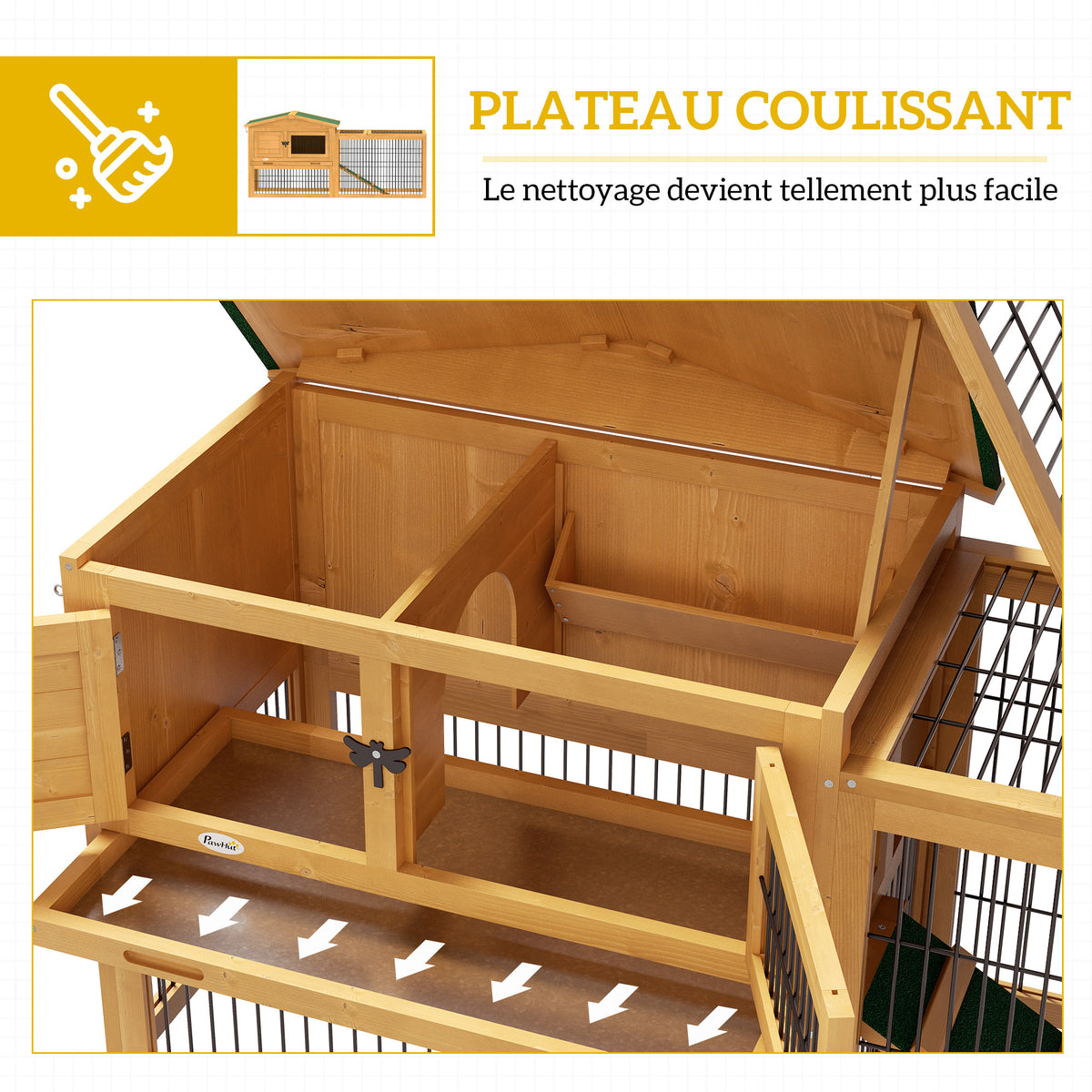 Clapier de sol cage à lapin niche supérieure avec rampe enclos extérieur porte verrouillable 150 x 52,5 x 68 cm jaune