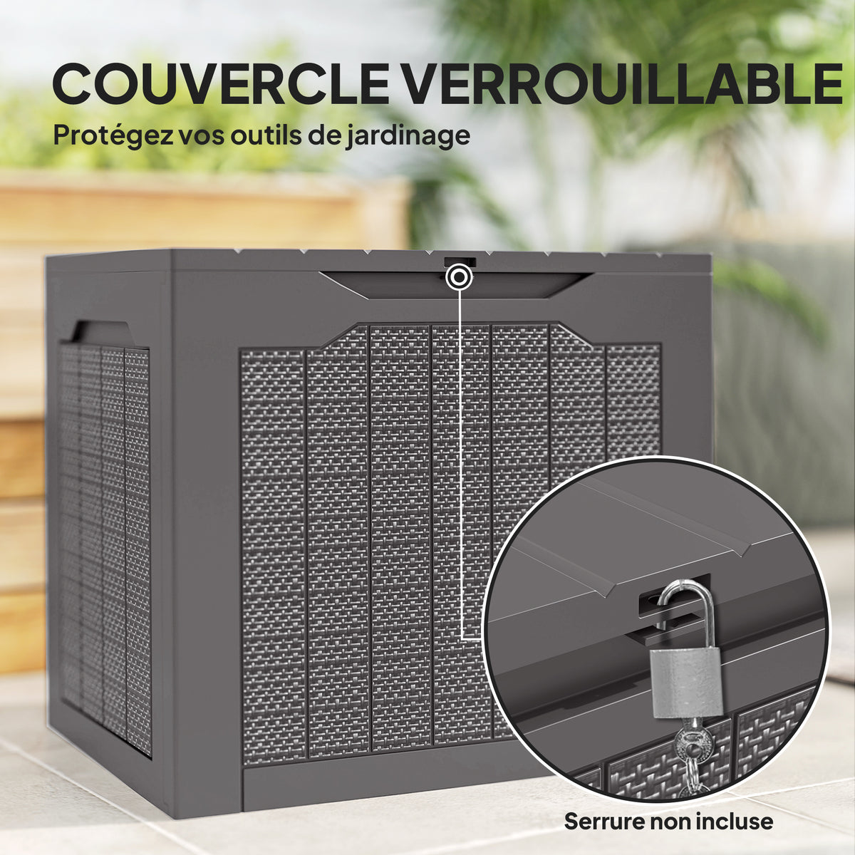 97L outdoor storage box with recessed handles, waterproof outdoor storage chest 56 x 41 x 50 cm, brown