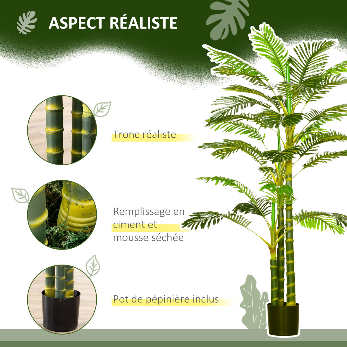 Palmier areca artificiel arbre artificiel hauteur 190 cm avec 30 grandes feuilles en plastique pot inclus