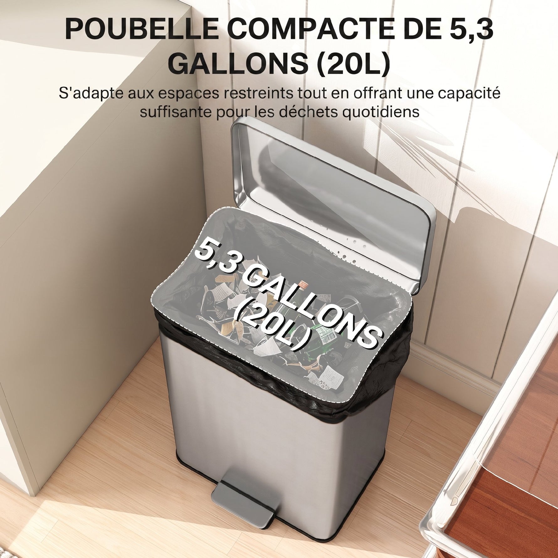 Poubelle de Cuisine 20 L en Acier Inoxydable, Poubelle avec Pédale, Couvercle à Fermeture Douce, Argenté