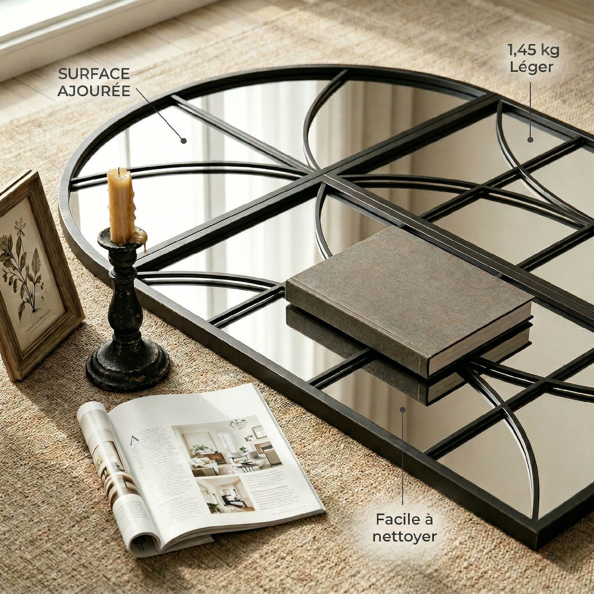 Miroir mural arqué 80 x 120 cm, lot de 3 pièces, miroir verrière en forme de fenêtre, verre trempé et métal, noir