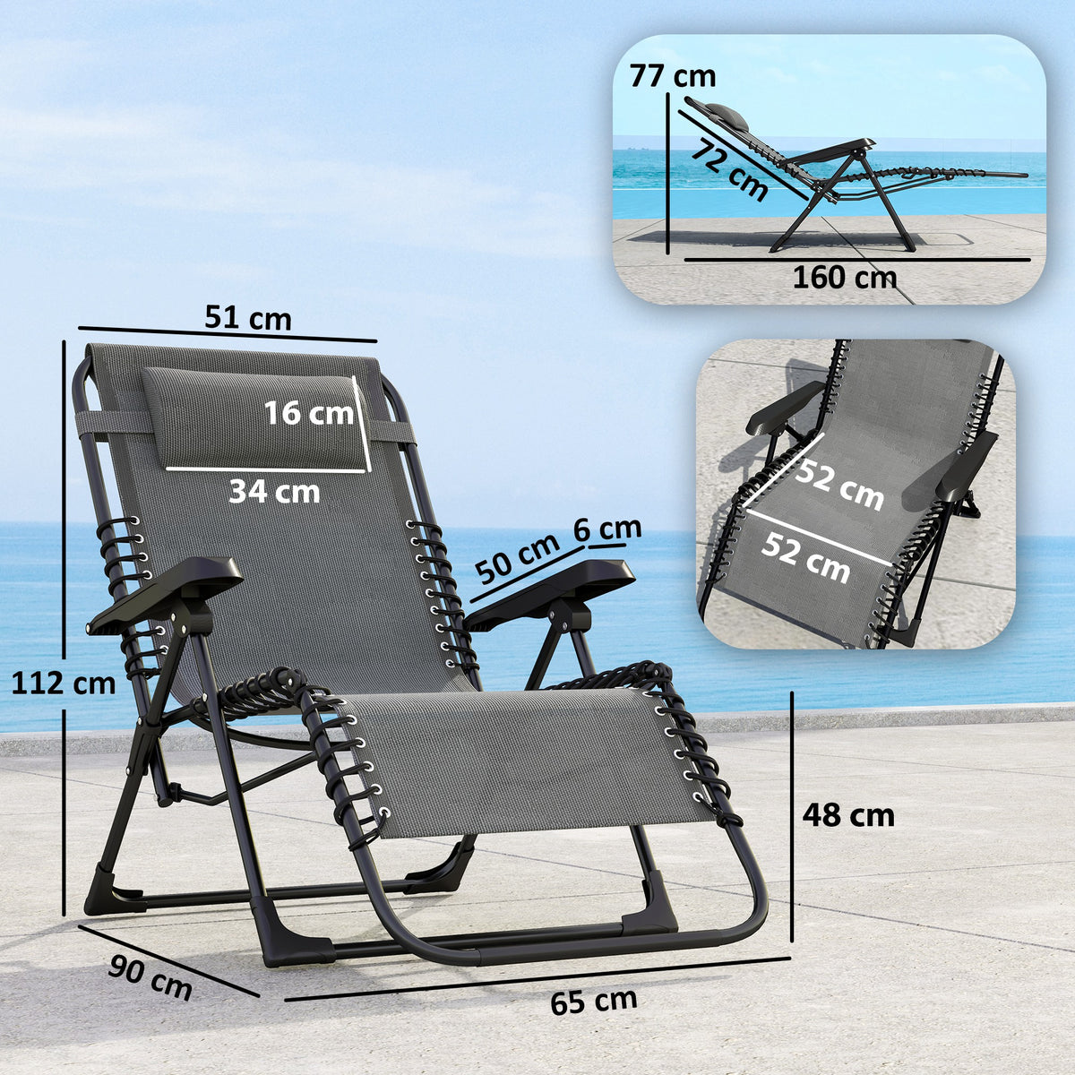 Lot de 2 bain de soleil, chaise longue pliante inclinable avec appuie-tête en textilène, 90 x 65 x 112 cm, gris
