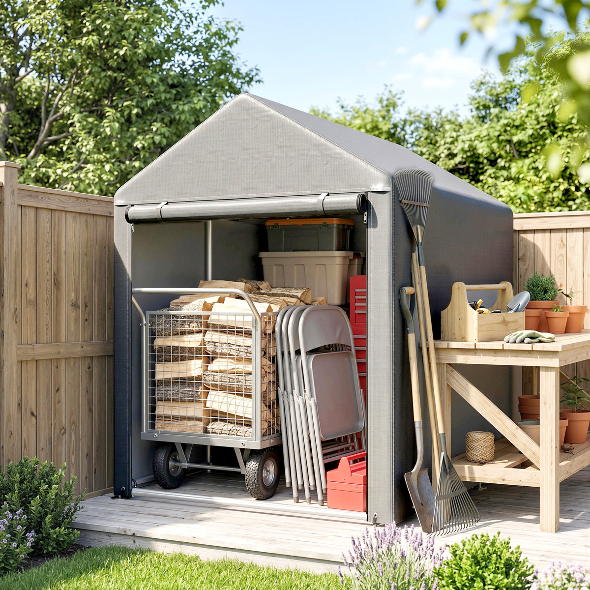 Capanno da giardino impermeabile con 2 scomparti, porta avvolgibile con cerniera, 120x179x165 cm, grigio chiaro
