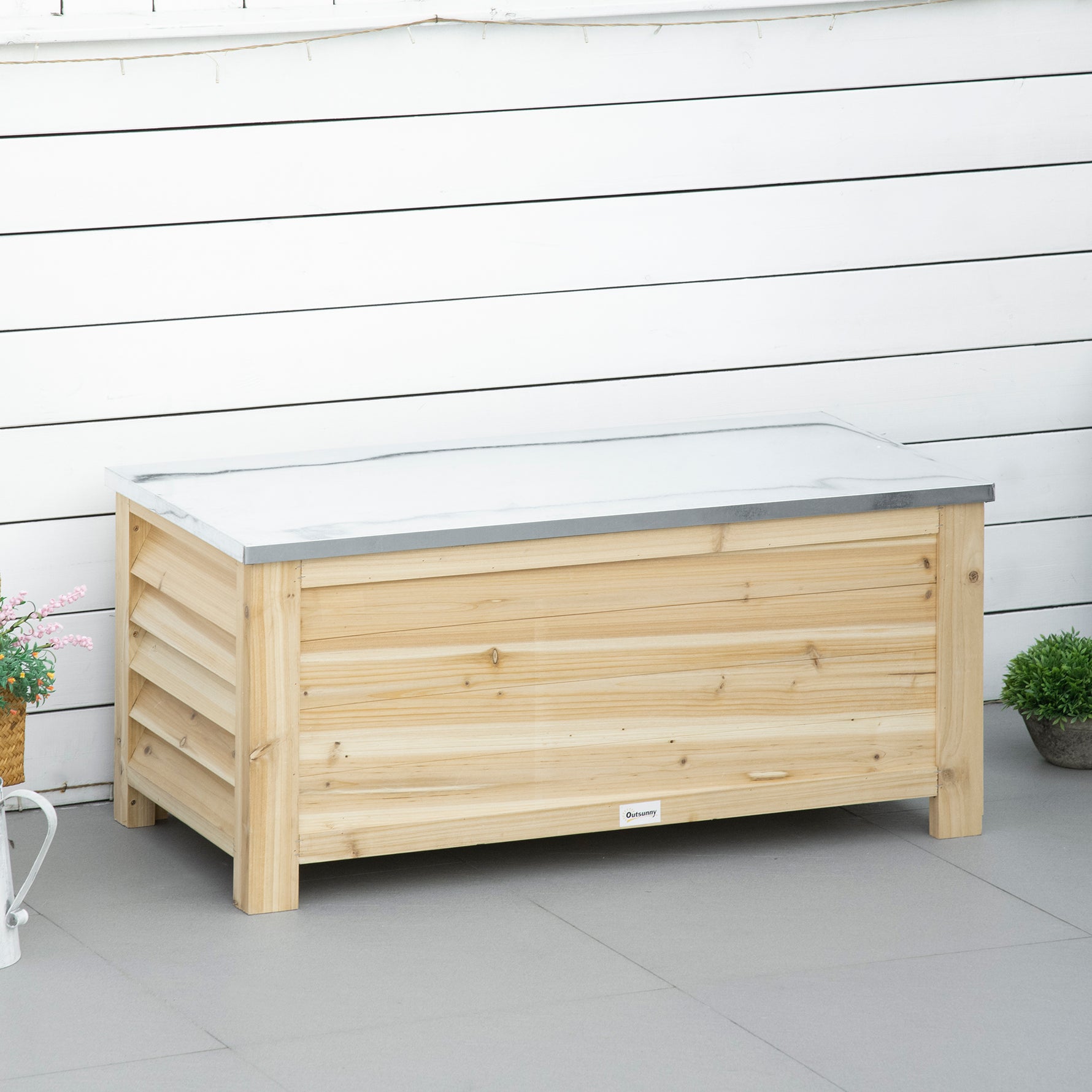 Coffre de jardin en bois et couvercle en métal galvanisé 155L avec vérins - 110 x 50 x 50 cm