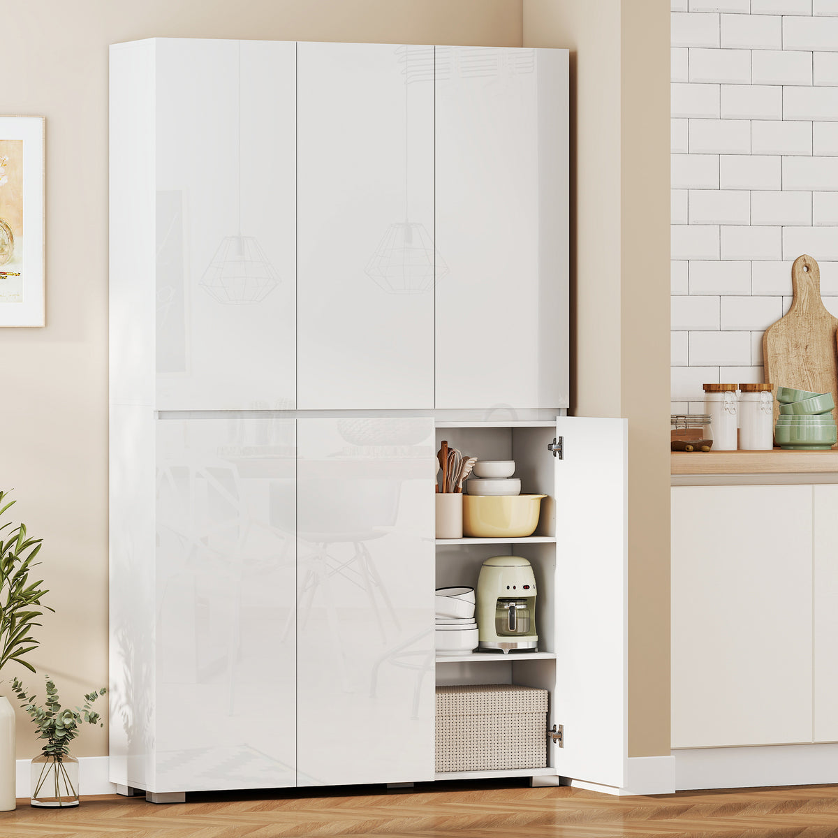 Credenza alta da cucina mobiletto da cucina lucido 6 ante a chiusura rallentata ripiani regolabili bianco