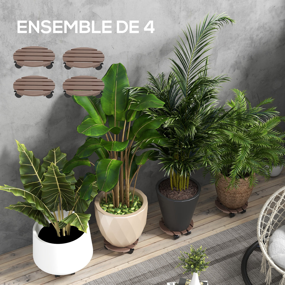Lot de 4 supports ronds Ø30 cm pour plantes - porte plante à roulettes, intérieur et extérieur