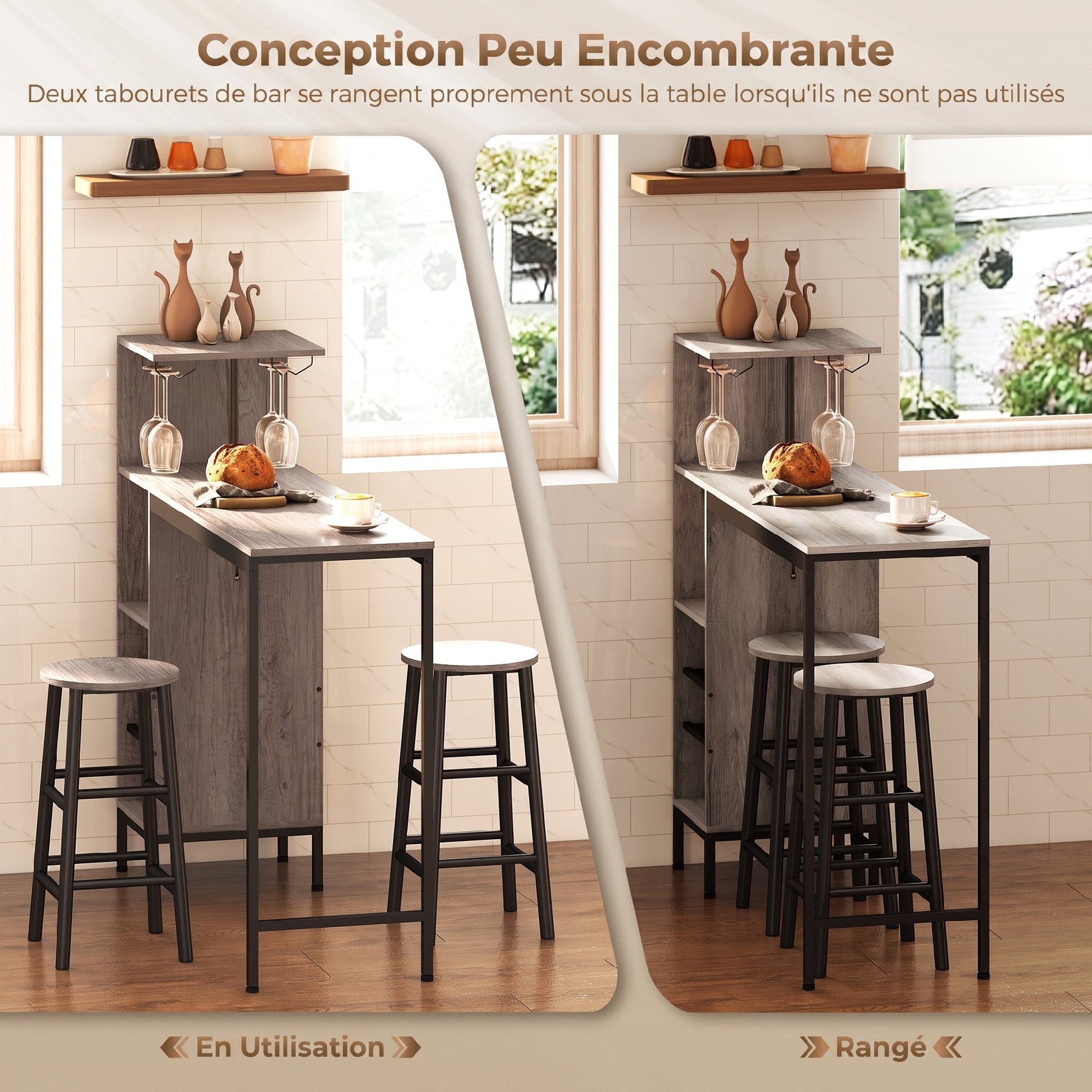Ensemble table de bar avec tabourets, table à manger debout avec 2 chaises de bar étagères, casiers à vin, gris