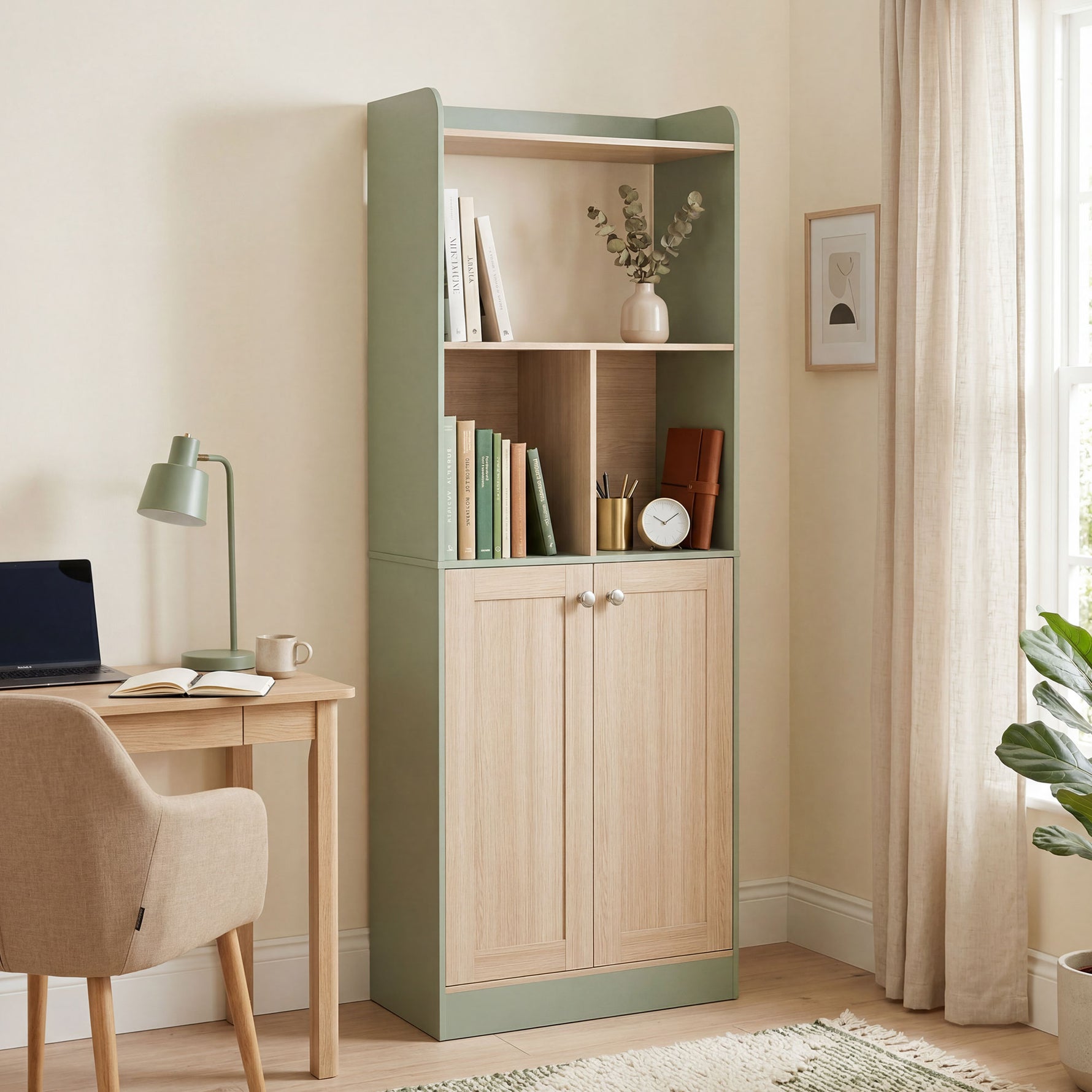 Bibliothèque à 5 niveaux, meuble de rangement, étagère à livres avec 2 portes, 60 x 30 x 161,2 cm vert et bois naturel