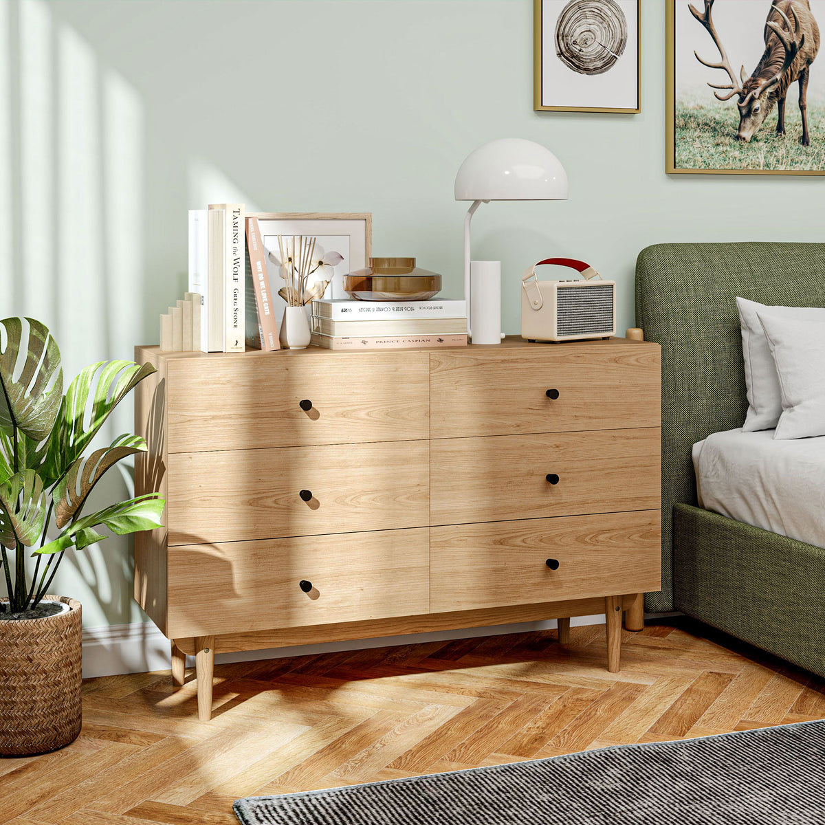Commode 6 tiroirs meuble de rangement pieds en bois massif 120 x 40 x 80 cm marron clair