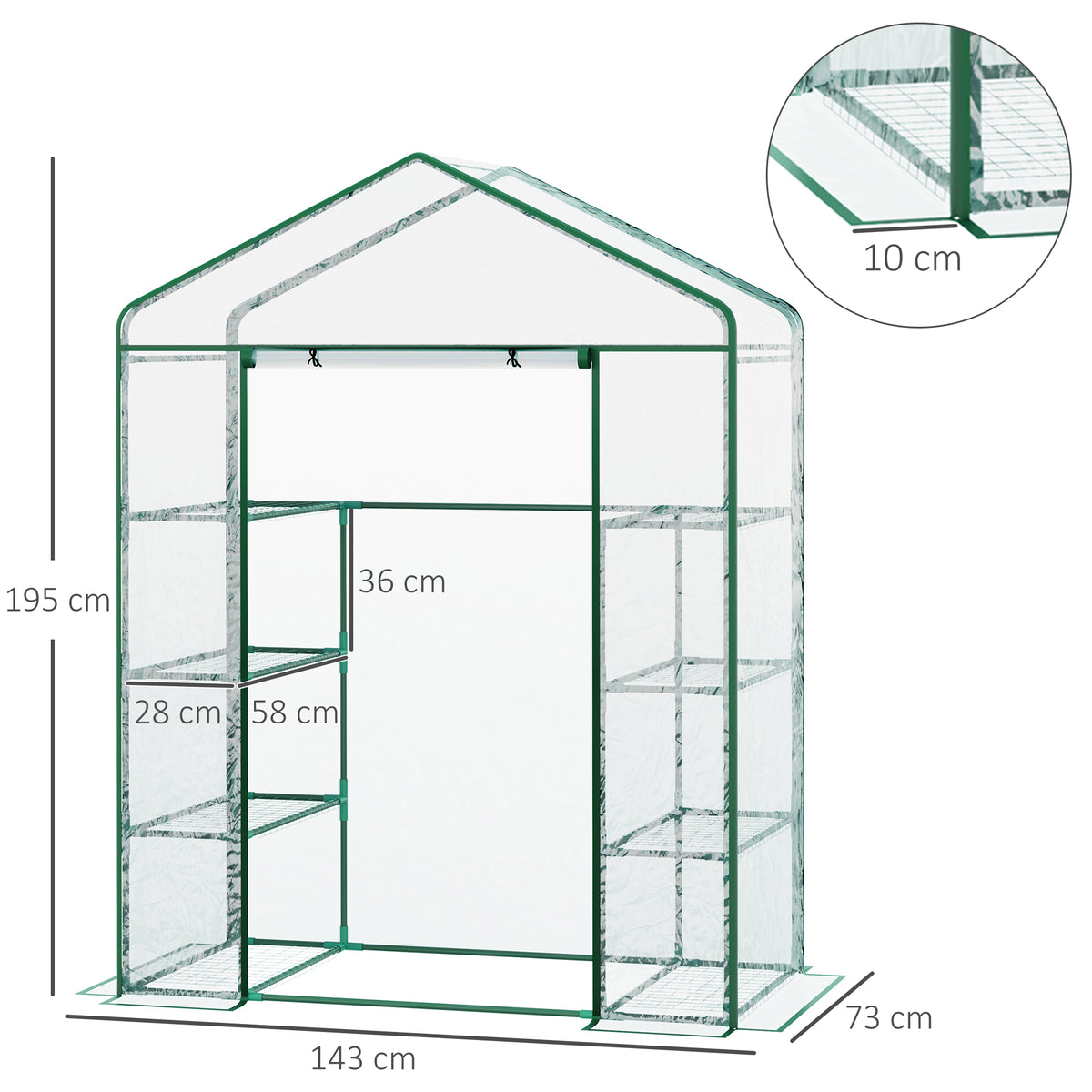 Serre de jardin 8 étagères bâche transparente PVC porte enroulable 143 x 73 x 195 cm - transparent