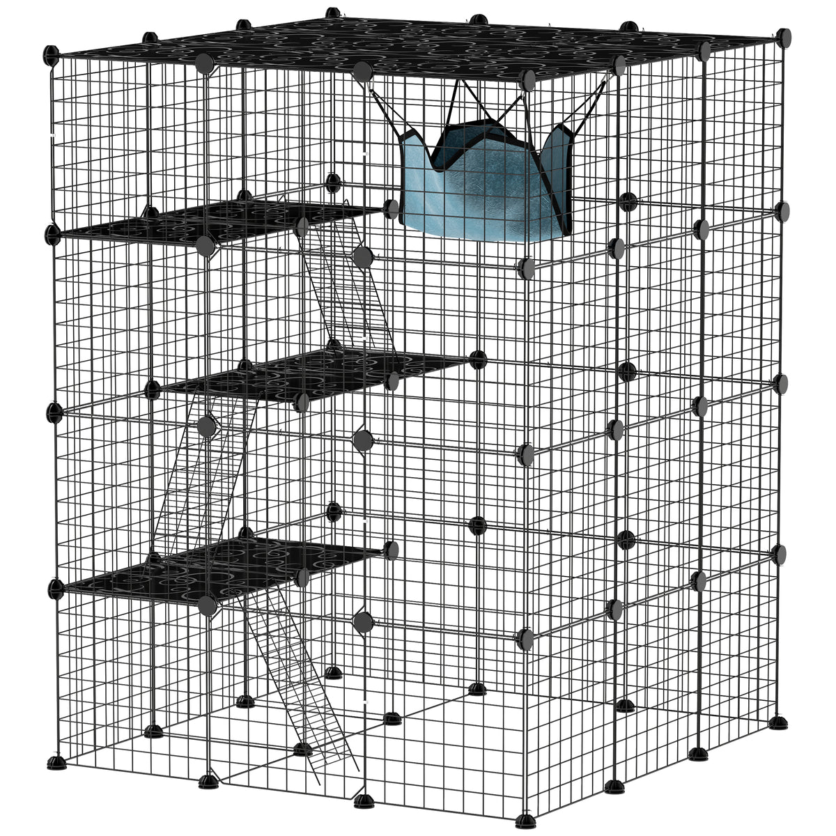 Maskota-itxitura, untxi-itxitura barrualdeko 4 mailakoa, modularra, sare-panelak, 105 x 105 x 140 cm, beltza