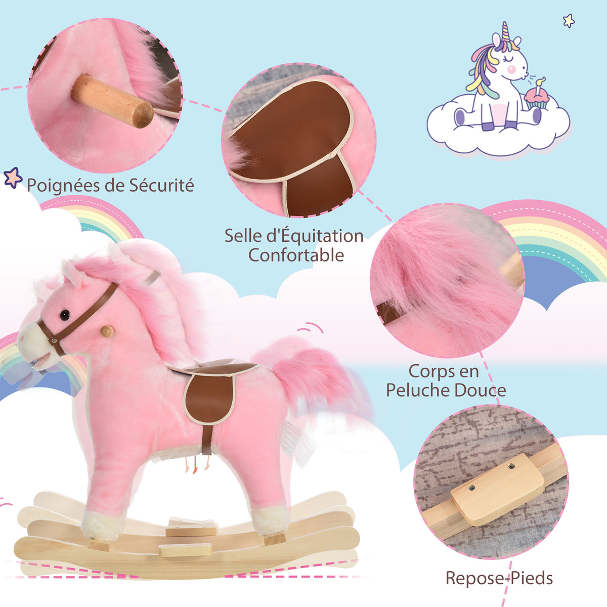 Schaukelpferd mit komfortablem Sitz, weichem Kurzflor-Plüsch und Gestell aus Pappelholz, Rosa, Maße: 65 L x 32,5 B x 61 H cm