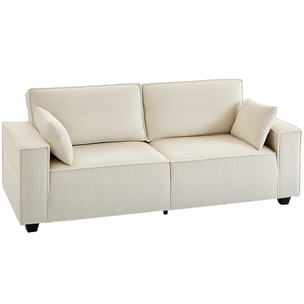 Canapé 3 places en velours côtelé 218 cm, canapé salon,  coussins à ressorts, larges accoudoirs, 2 coussins, beige