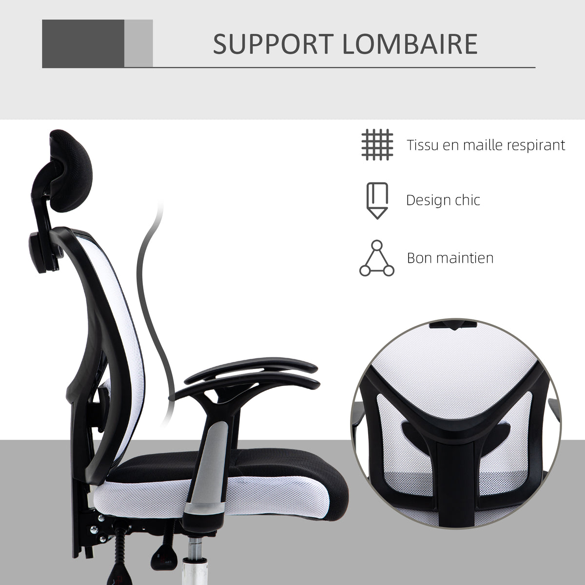 Fauteuil de bureau, chaise de bureau en maille avec hauteur réglable, dossier inclinable, 62x67x118cm, noir et blanc