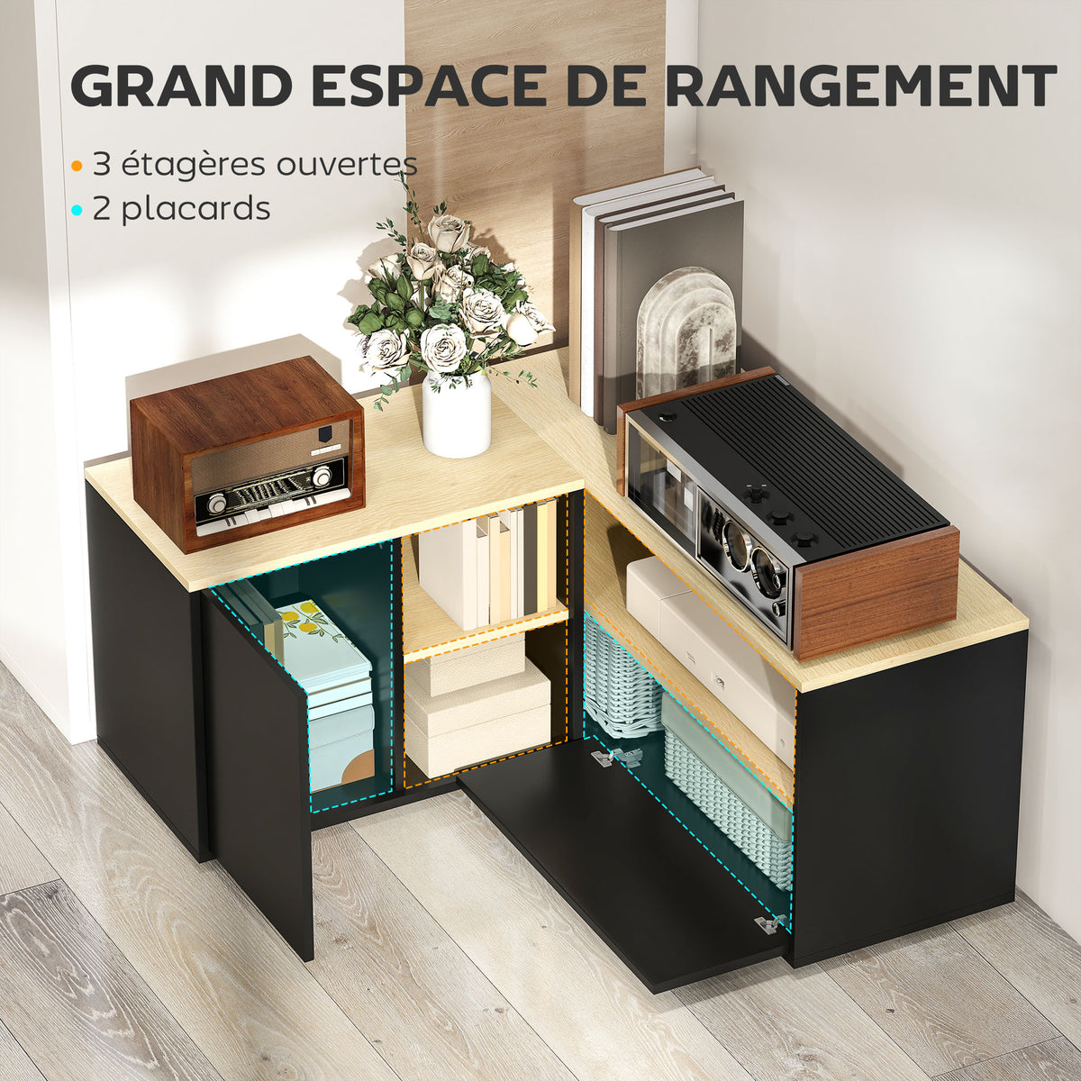 Corner TV stand, television bench for up to 40 inches with 2 cabinets and 3 compartments, 90 x 90 x 45 cm, oak and black