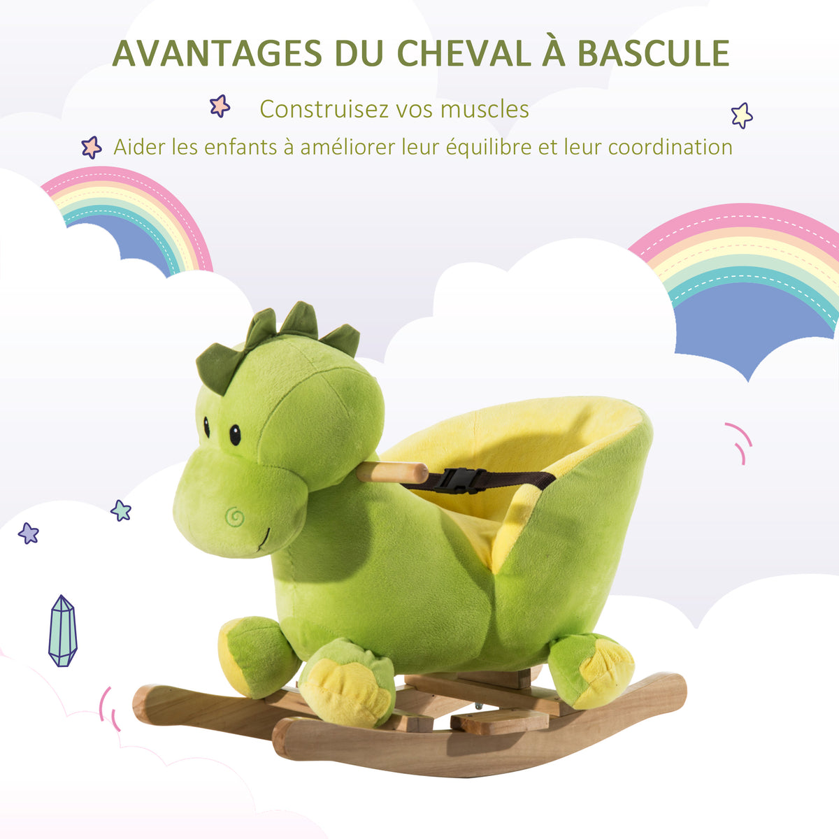 Jouet à Bascule Dinosaure Ceinture de sécurité Effet sonore 32 chansons pour enfants de 18+ Mois Bois Peluche Verte