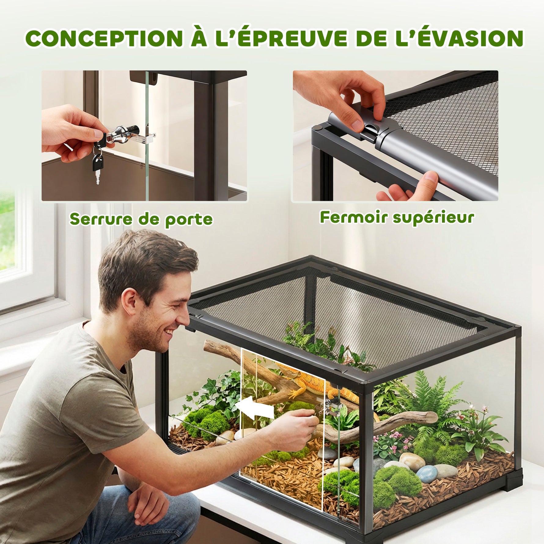 Terrarium en verre pour reptile enclos pour hamster 86 L ventilation supérieure porte coulissante 50,8x30,5x35,6cm noir