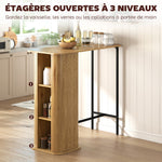 Table Haute Mange Debout, Table de Bar avec 3 Étagères de Rangement et Pieds en Métal, 112x50x106cm, Bois Naturel