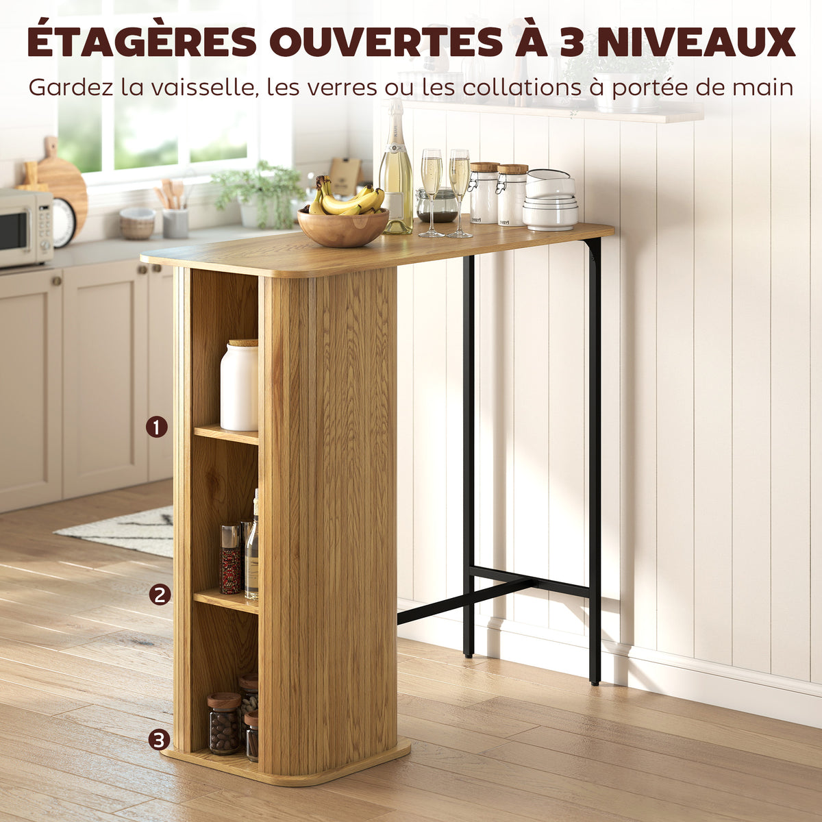 Table Haute Mange Debout, Table de Bar avec 3 Étagères de Rangement et Pieds en Métal, 112x50x106cm, Bois Naturel