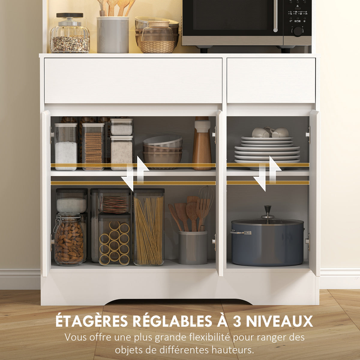 Buffet cuisine meuble cuisine rangement haut avec lumière LED RGB, plan de travail, 6 portes, 2 tiroirs, blanc