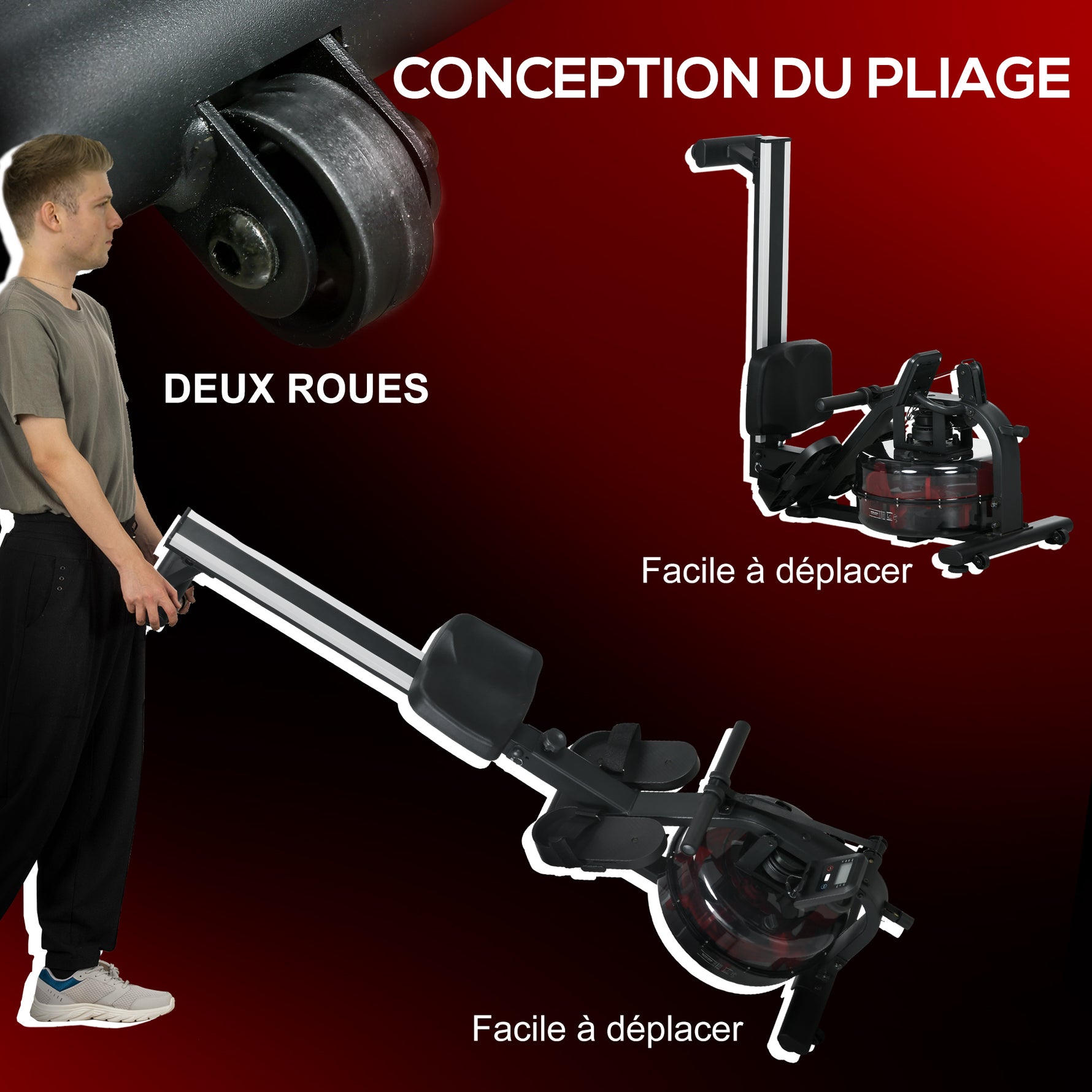 Rameur à eau d'appartement rameur d'appartement pliable 6 niveaux de résistance écran LCD multifonction acier PC noir