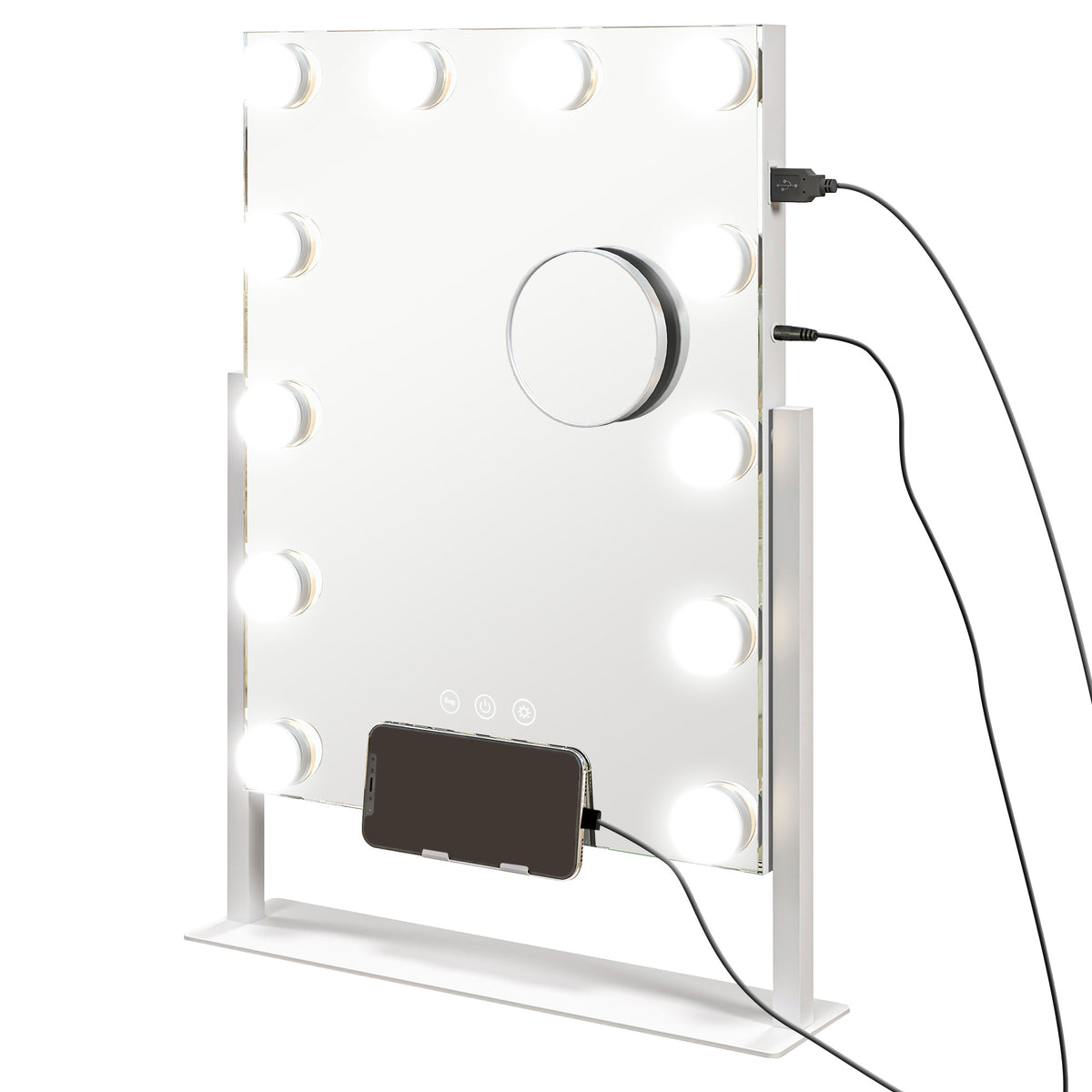 Miroir Hollywood avec LED 12 ampoules, luminosité réglable, rotation à 360°, grossissement 10X, touche tactile, blanc
