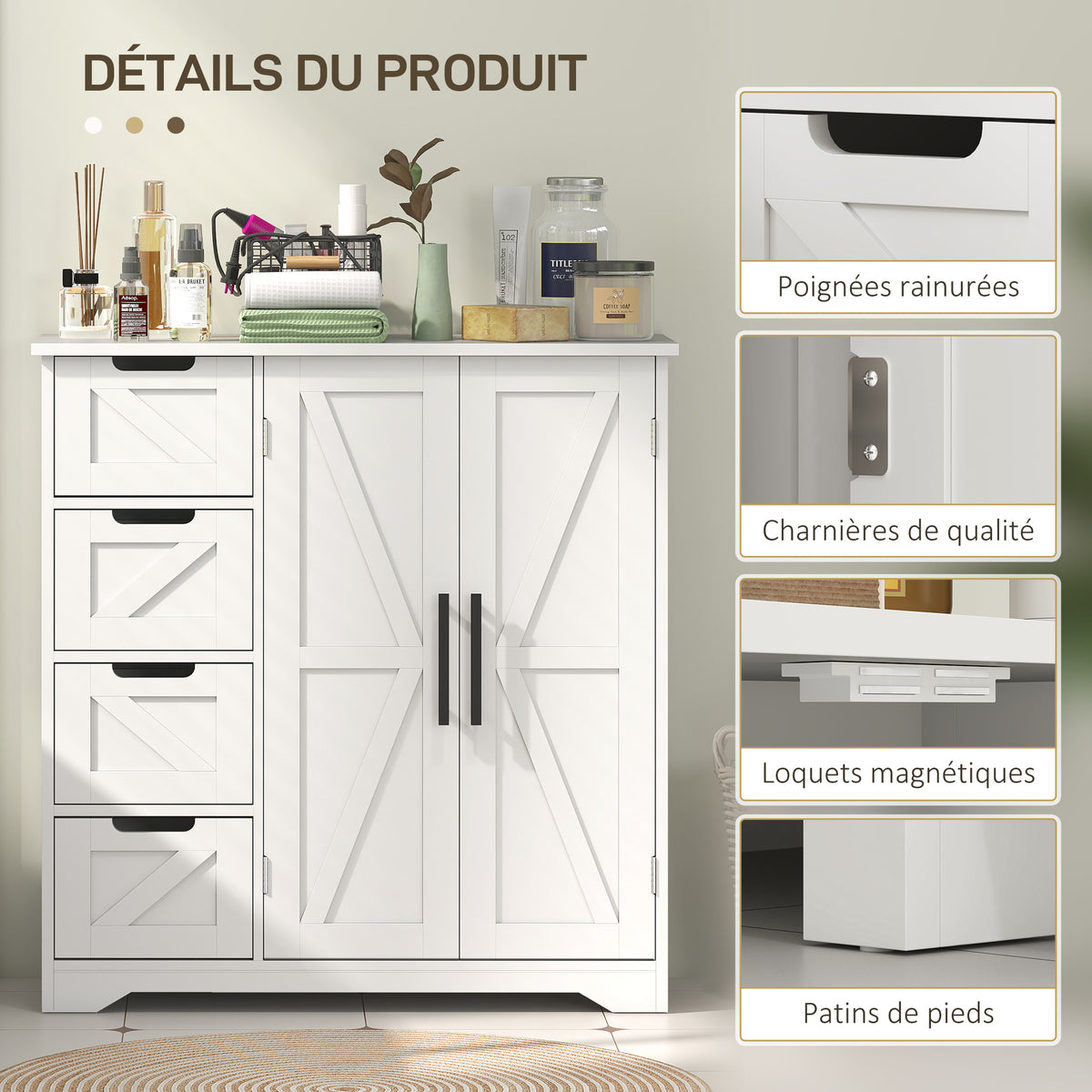 Meuble de salle de bain, meuble de rangement, avec 4 tiroirs, 1 placard, pour petits espaces, 81,2 x 30 x 83,8 cm, blanc