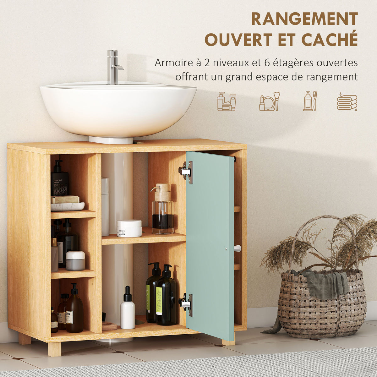 Meuble sous lavabo, meuble de salle de bain avec 6 étagères ouvertes et porte à fermeture amortie 60 x 33 x 57 cm, vert