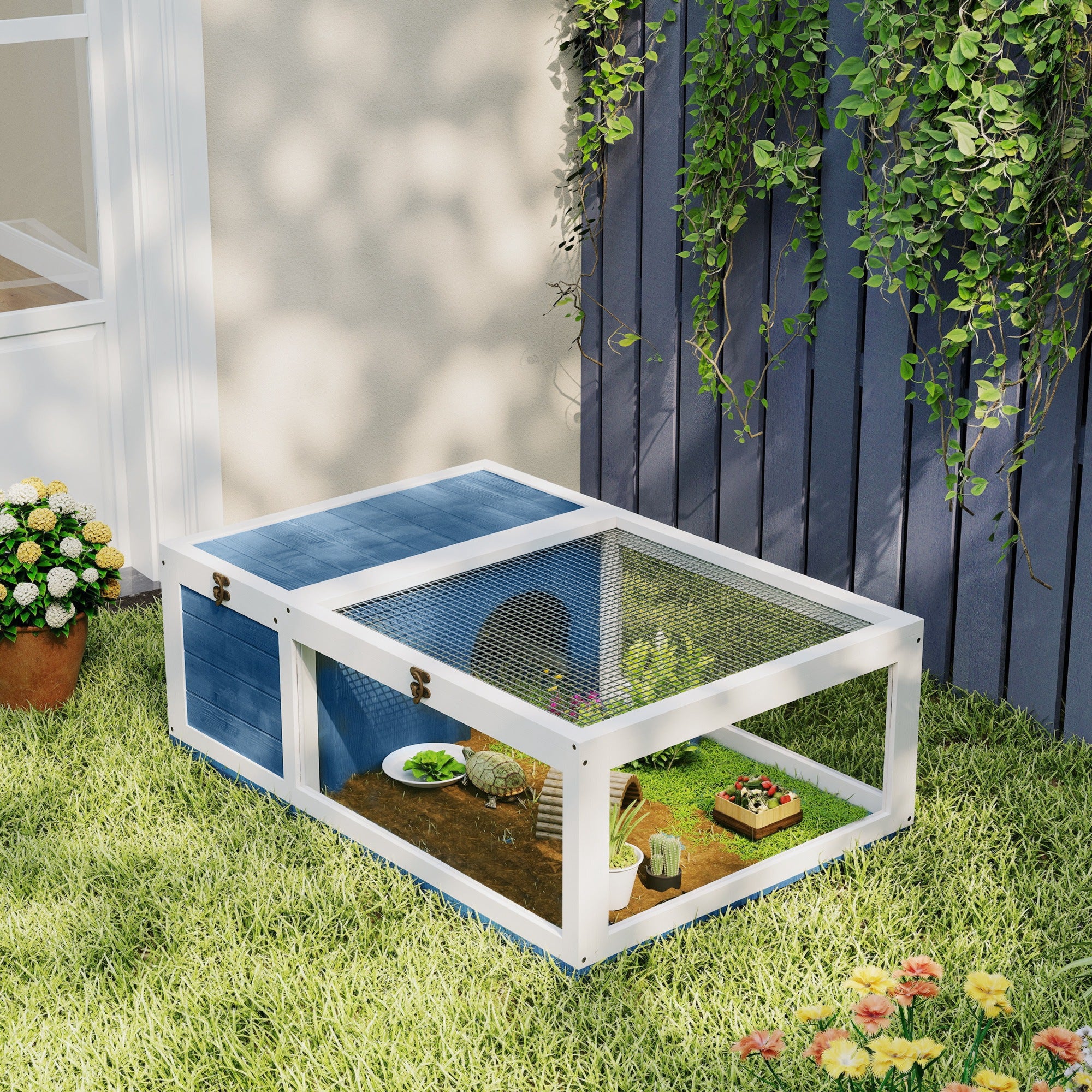 Solid wood small animal enclosure cage habitat for tortoises with 2 spaces 91 x 60.5 x 32 cm blue