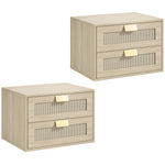 Lot de 2 Tables de Chevet Murales, Tables de Nuit Suspendues avec 2 Tiroirs et Plateau à Effet Rotin, Chêne