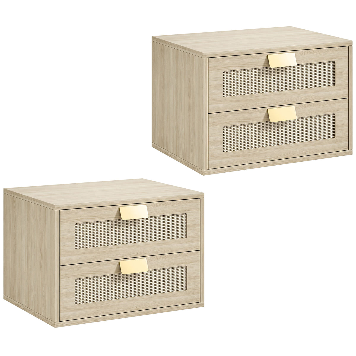 Lot de 2 Tables de Chevet Murales, Tables de Nuit Suspendues avec 2 Tiroirs et Plateau à Effet Rotin, Chêne