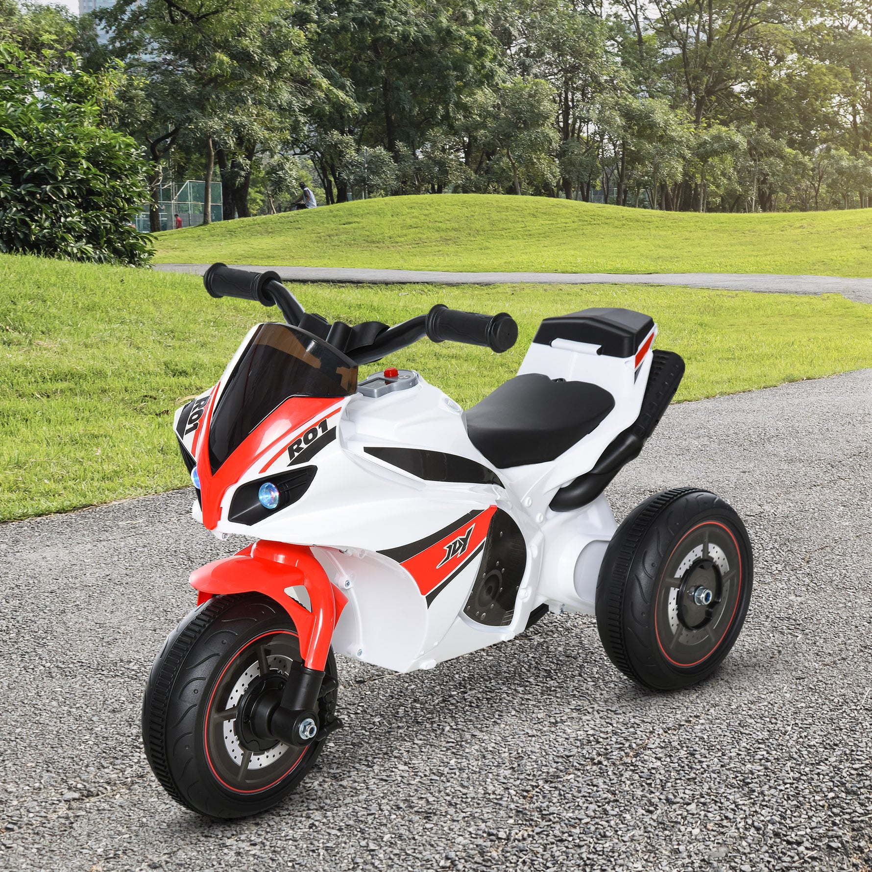 Porteur Enfants Moto de Course Effets musicaux et Lumineux Coffre Rangement Rouge Blanc