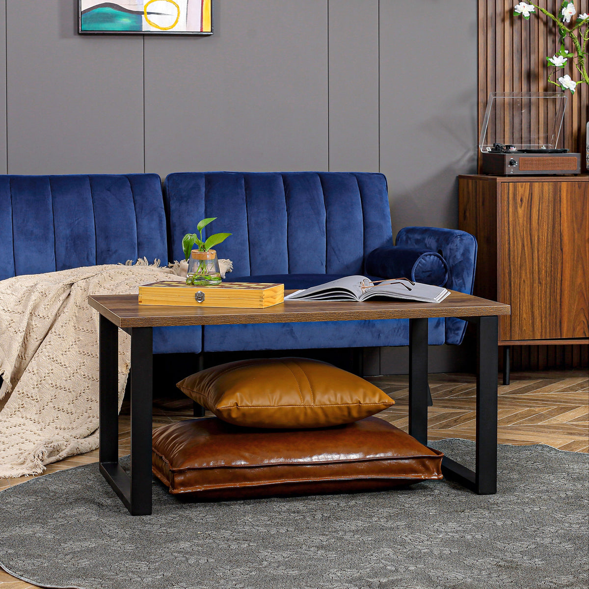 Table basse rectangulaire table de salon style industriel pied métal et plateau aspect bois 100 x 60 x 50 cm