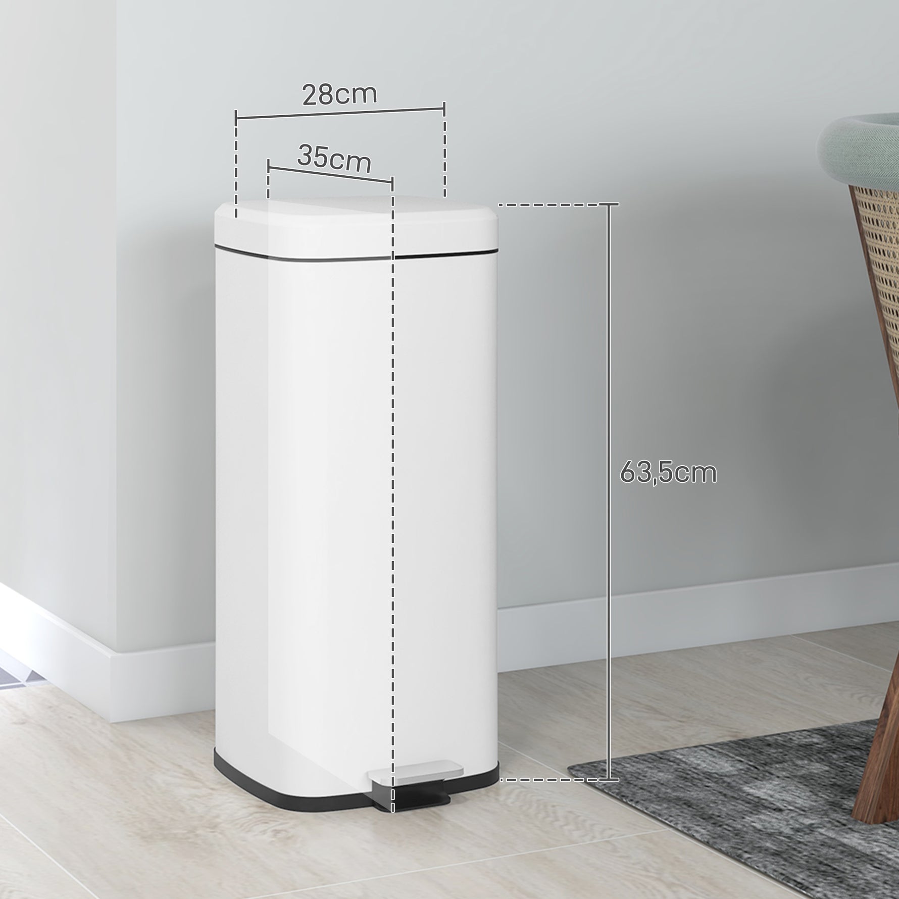 Poubelle de cuisine 30L avec couvercle à fermeture douce et pédale, seau intérieur amovible, 28L x 35l x 63,5H cm, blanc