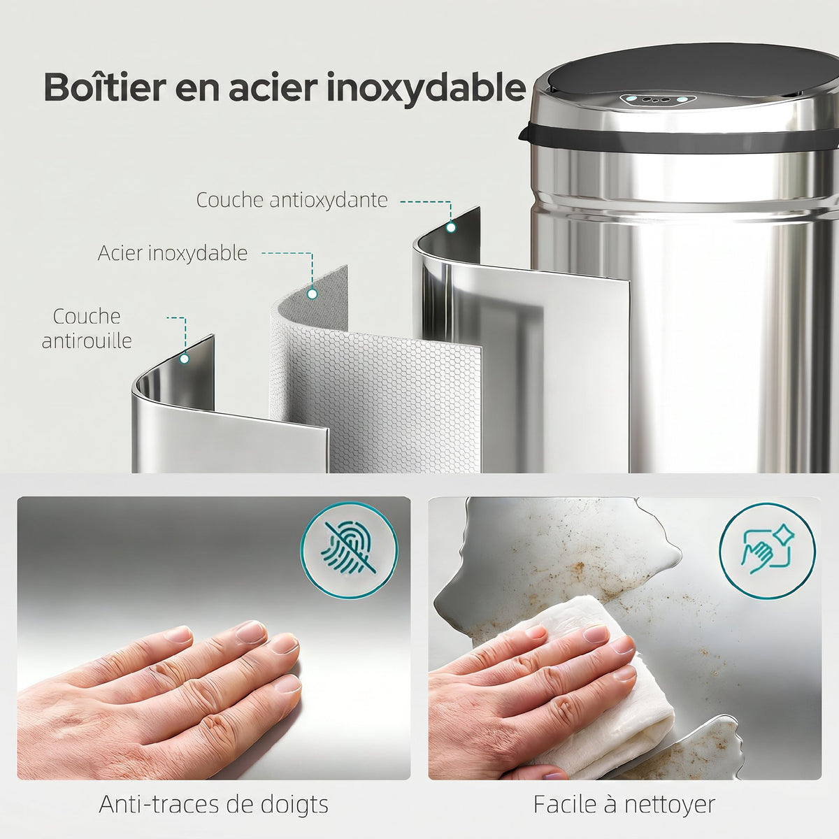 Poubelle à capteur de mouvement ouverture automatique 1 bac de 42 L en acier inoxydable noir et argent