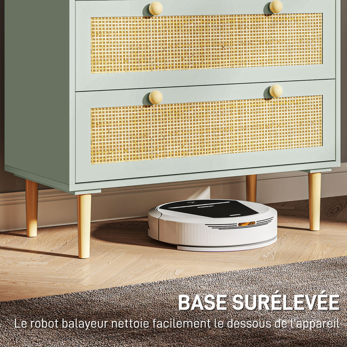Commode design bohème en rotin avec 3 tiroirs, meuble de rangement pour le salon, le couloir, l'entrée, vert olive
