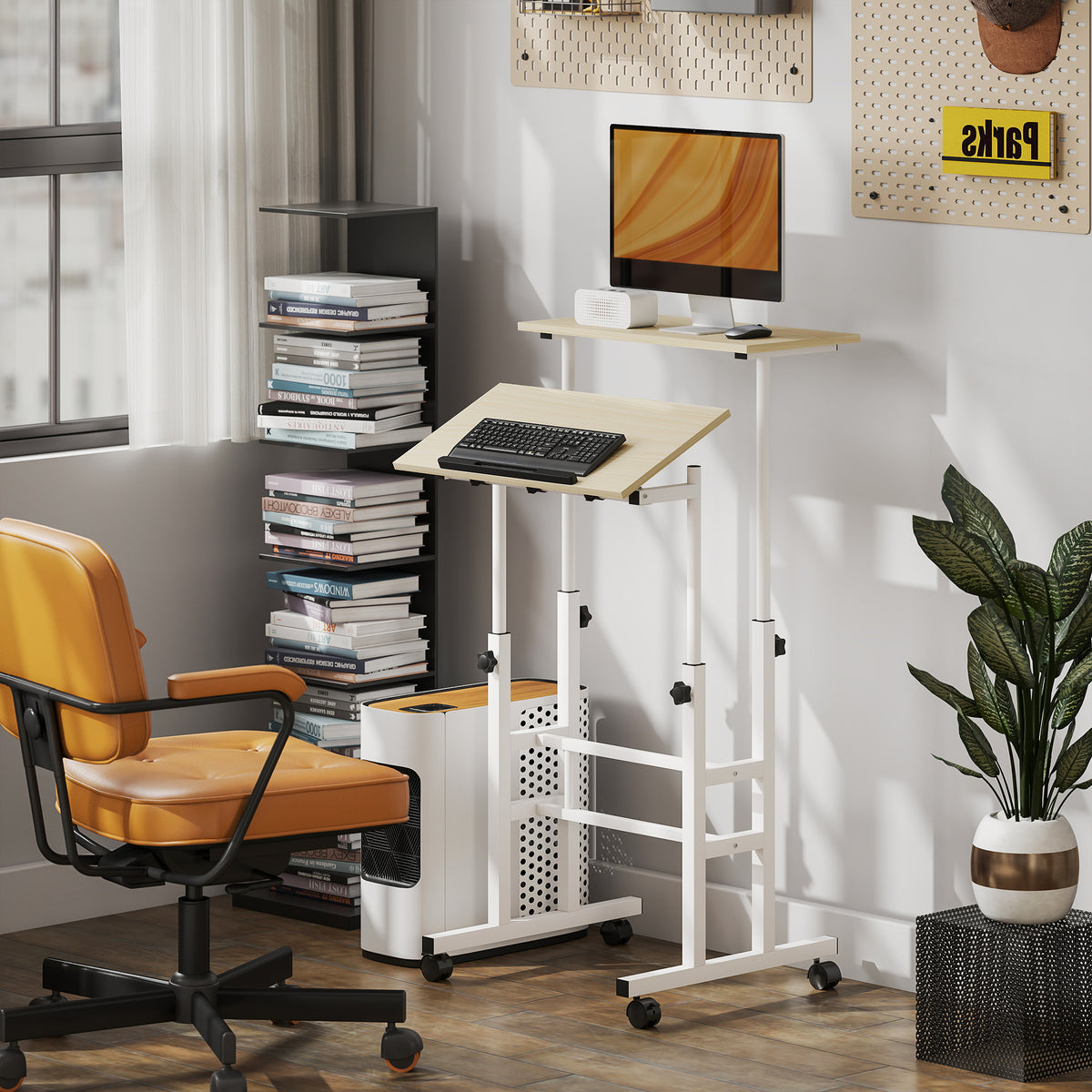 Bureau assis debout bureau réglable en hauteur 60 x 60 cm à roulettes avec plateau inclinable cadre en métal naturel