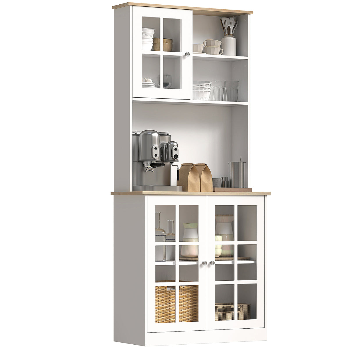 Aparador de cocina, mueble de cocina alto de almacenamiento, mueble de almacenamiento con encimera, 3 puertas acristaladas, 2