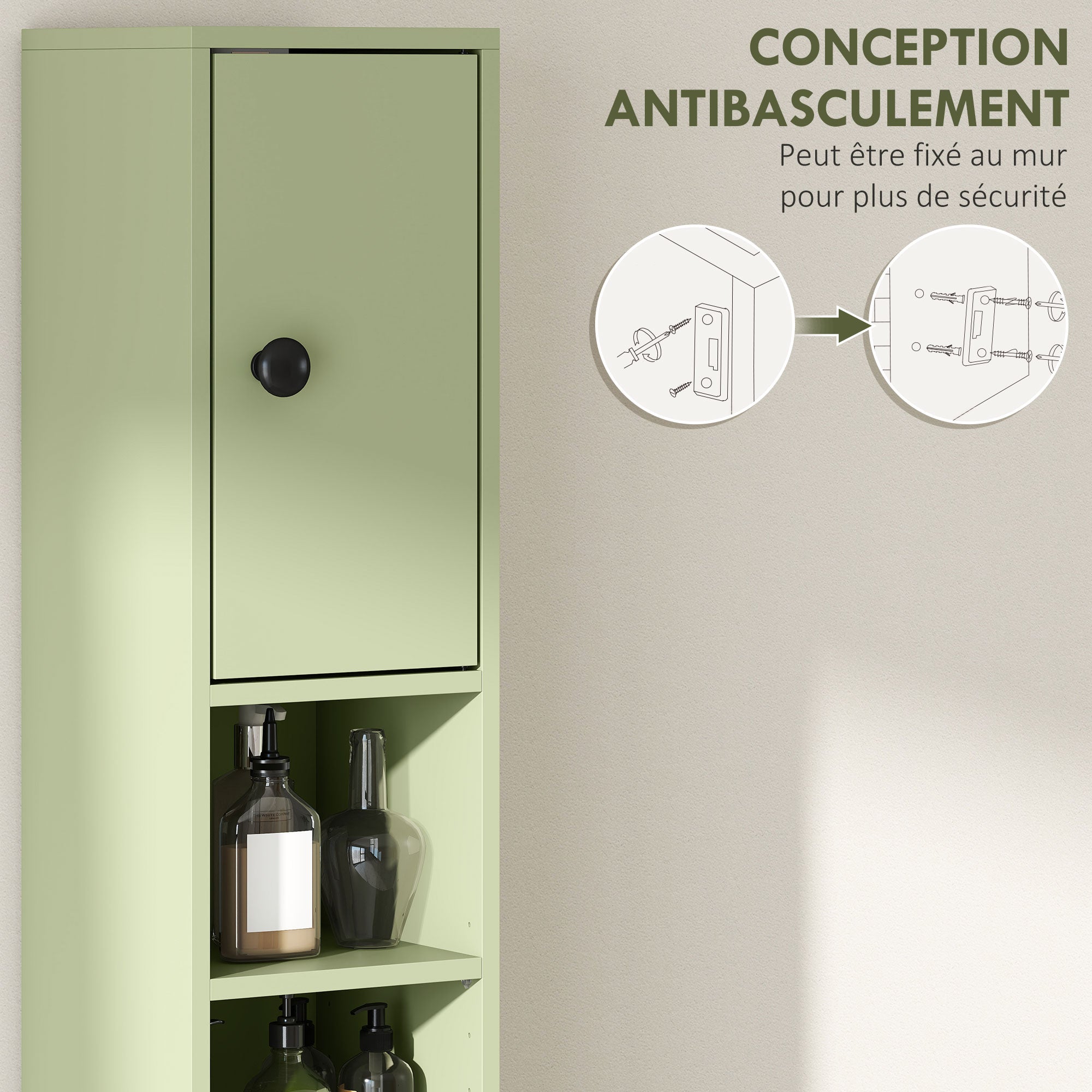 Colonna da bagno armadietto alto 1 cassetto 4 ripiani regolabili e 2 ante 20 x 20 x 180 cm verde