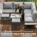 Salon de jardin extérieur 6 personnes modulable table basse et plateaux latéraux en bois PSPC coussins épais 10cm gris