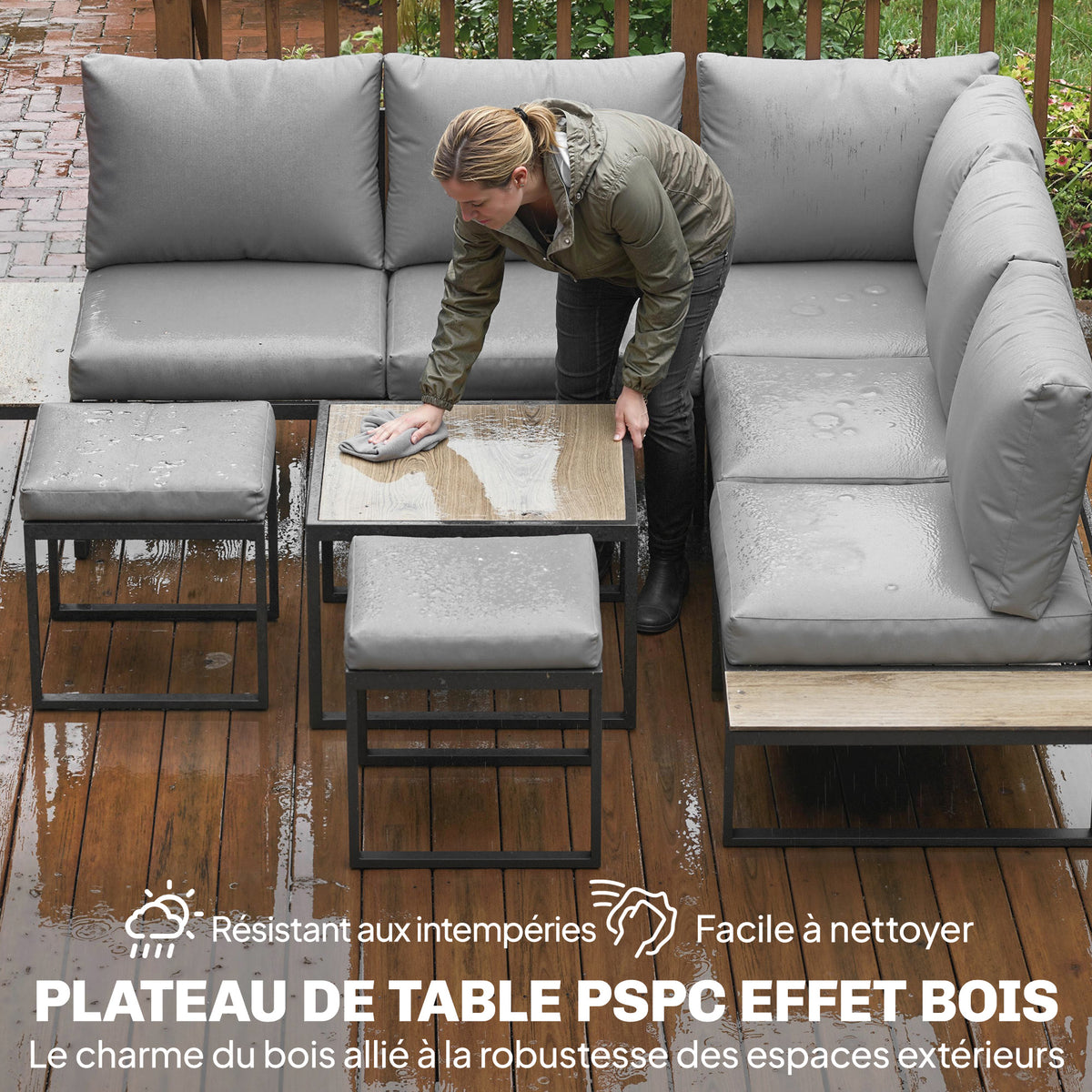 Salon de jardin extérieur 6 personnes modulable table basse et plateaux latéraux en bois PSPC coussins épais 10cm gris